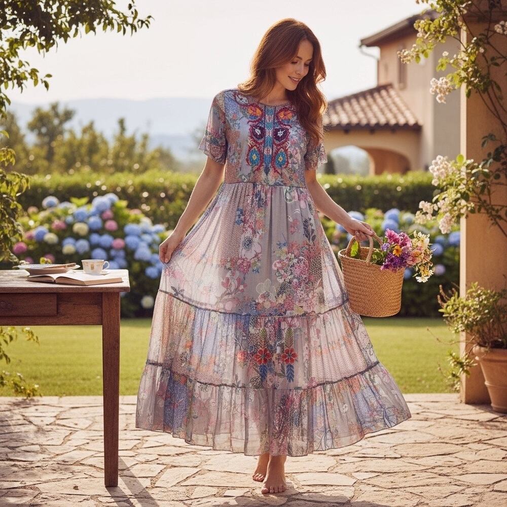 Johnny Was BIYA Kandence Tiered Mesh Dress Floral Embroidery Size M
